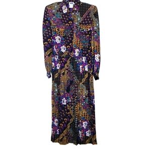 Vintage 80s Leslie Fay Colorful Long Sleeve Bishop Collar Dress Pleated Skirt